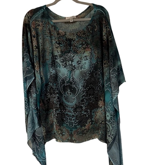 Dress Barn Kimono Poncho Forest Fairy Sheer Green Sequined Asymmetrical Hem Sz M - Picture 1 of 7